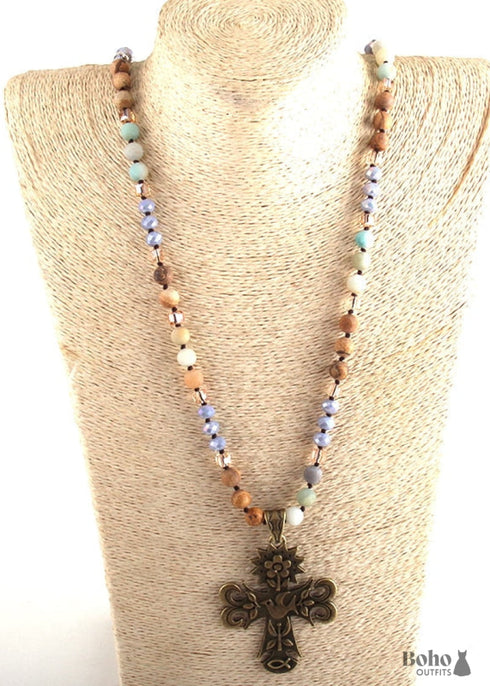 Boho Necklace, RH Precious Lava Stone, Cross and Bird